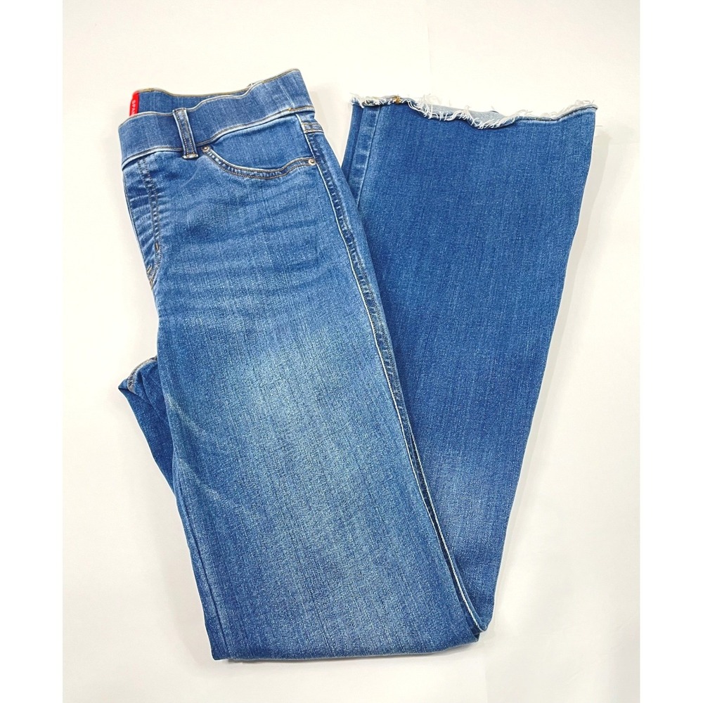 SPANX Flare Jeans High Rise Blue Denim Raw Hem Stretch Womens Size S